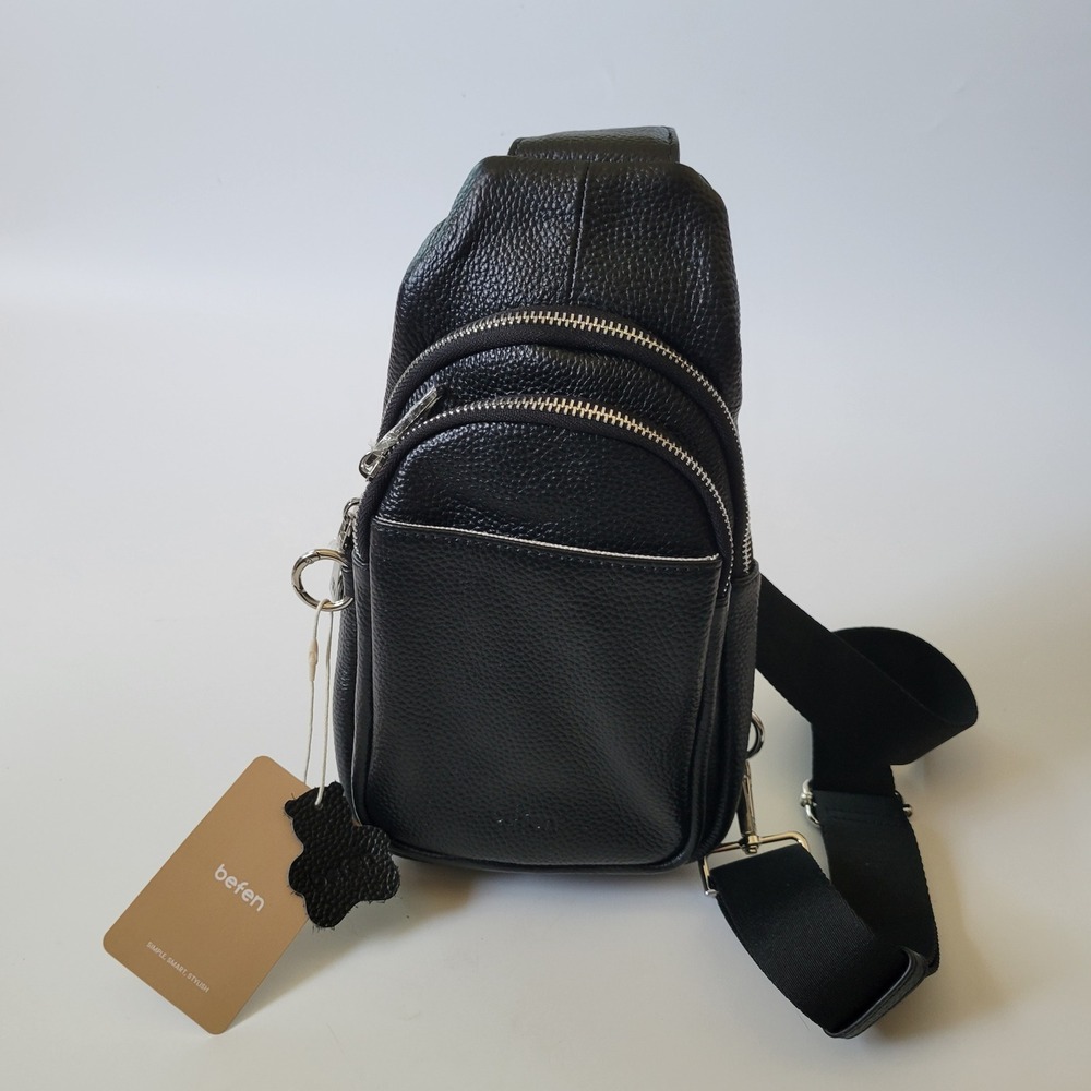 Befen Pebbled Leather Slingbag Crossbody Black Anti Theft RFID Card Slots Travel